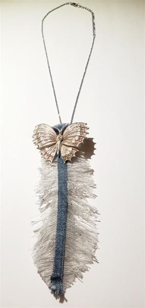 Handcrafted Denim Feather Necklace with Butterfly Detail
