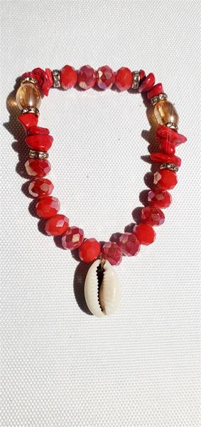 Deep Red Bead and Shell Charm Bracelet