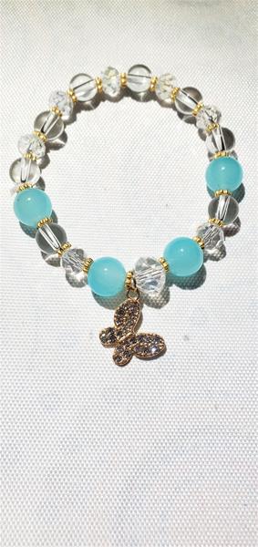 Aqua and Clear Beaded Bracelet With Butterfly Charm