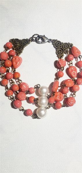 Handcrafted Deep Coral and White Bead Retro Bracelet