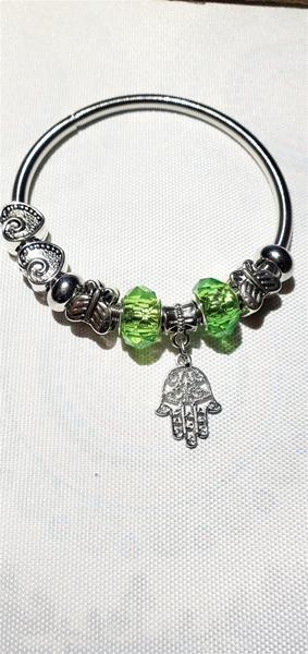 Silver and Green Bead Hamsa Charm Bracelet