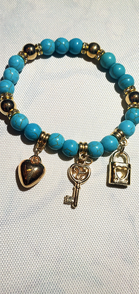 Aqua Bead with Heart Lock and Key Charm Bracelet