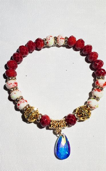 Deep Red and White Bead Bracelet with Single Charm