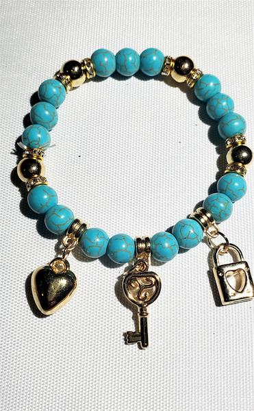 Heart Lock Key Turquoise Bead Bracelet