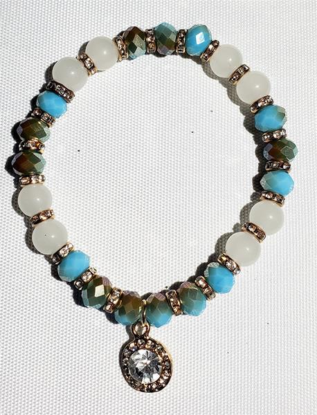Sky Blue and White Bead Bracelet with Charm